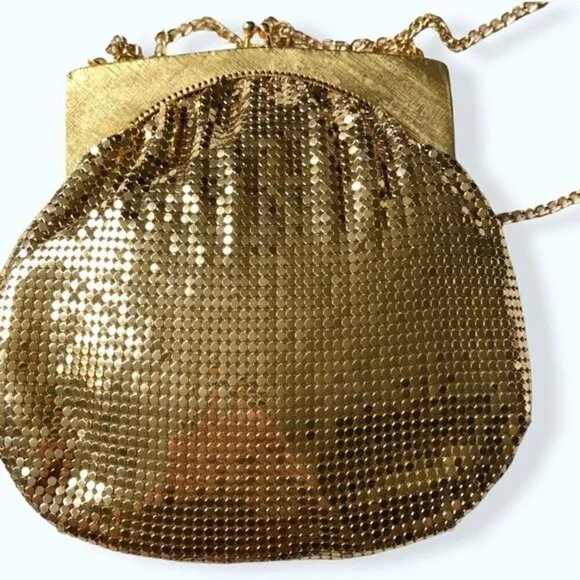 Whiting & Davis Bag 70s Gold Mesh Kiss Snap Evening Bag Crossbody Strap Purse - Picture 9 of 13